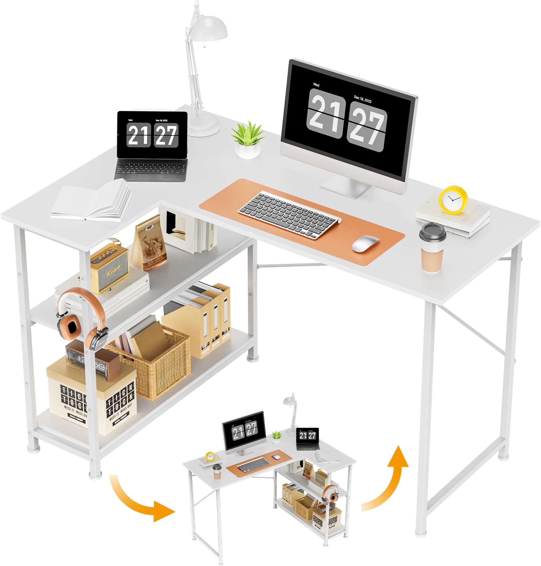 WWI L Shaped Desk Office Desk 110cm Study Desk Gaming Desk Computer Desk with Storage Shelves Work Desk with Height Adjustable Shelf (White)