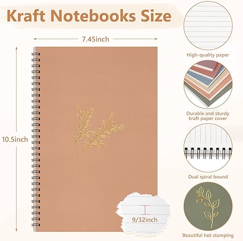 Miniatura 8 de Fuutreo Paquete de 6 cuadernos en espiral B5 de 10.5 x 7.45 pulgadas, diario a rayas universitarias con cubierta de papel kraft, 70 hojas (140