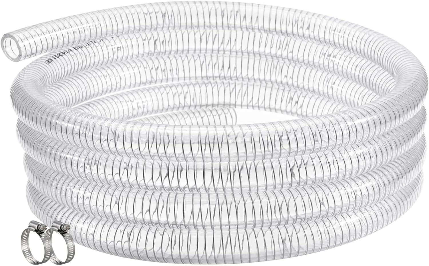 Wire Reinforced Hose 1" id - 25ft Clear Heavy Duty Suction Line Plastic Flexible Vinyl Tubing with Spiral Steel Wire, Drain Water Fuel Powder for Boat Marine Bilge Pump, with 2 clamps