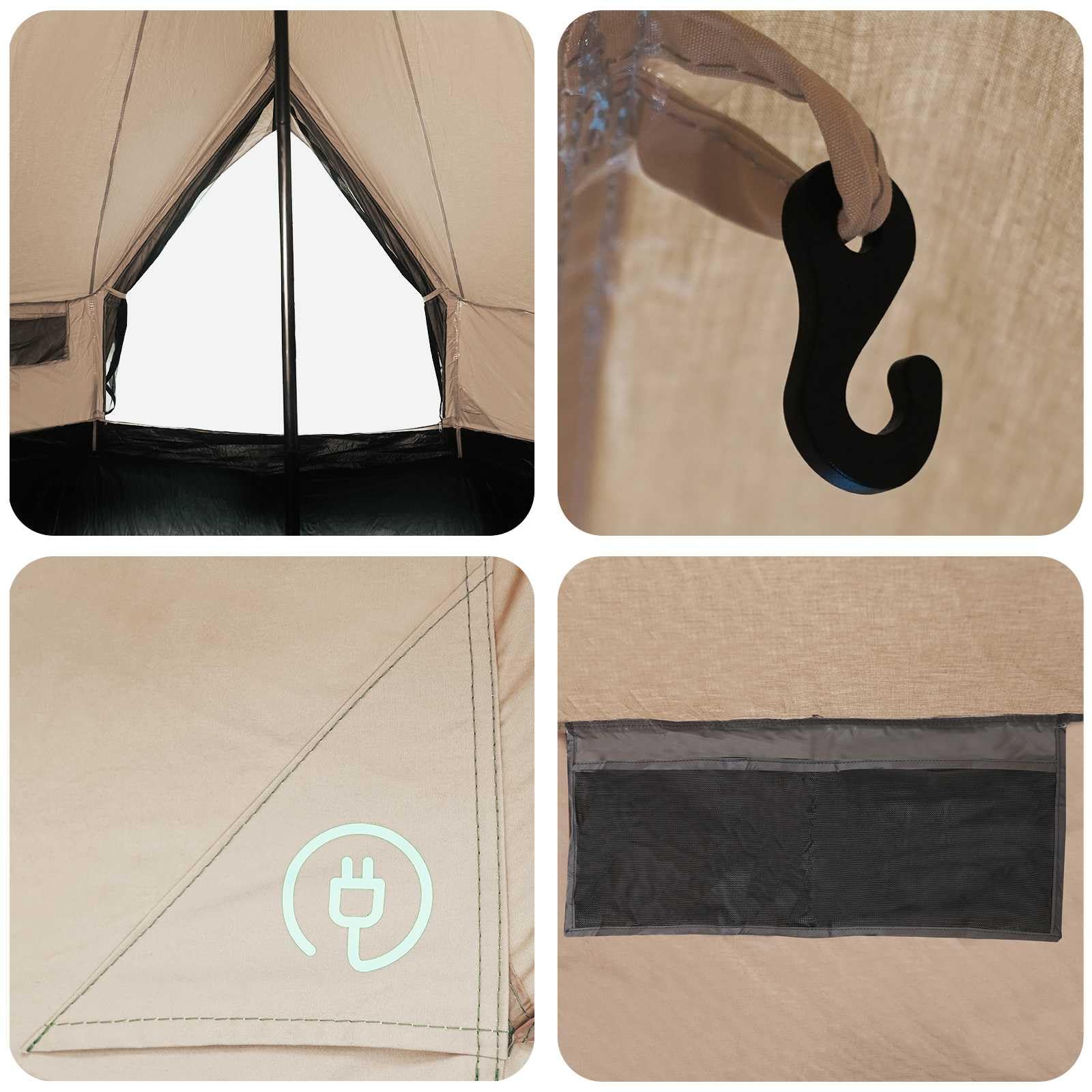 Familienzelt 6 Personen aus Polybaumwolle, Großes Gruppenzelt 300x300x198 cm für Camping und Outdoor, Modernes Pyramidenzelt mit Mesh-Belüftung und Zubehör, Farbe Creme