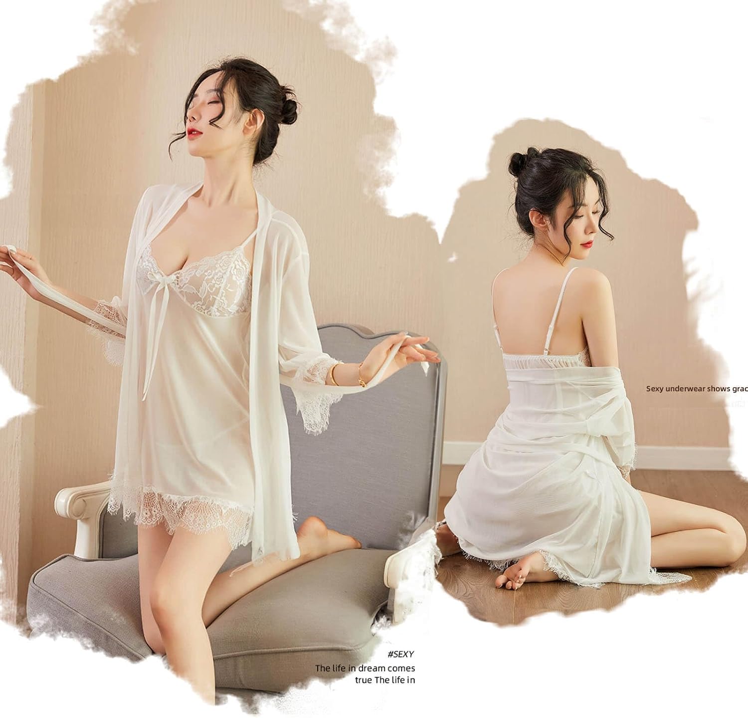 сексуальное нижнее белье Babydoll, прозрачная пижама, ночное белье, кружевная комбинация для сна, женский комплект из 3 предметов, ночная рубашка Babydoll с Т-образной спинкой, большой размер A01, белый, фото 4