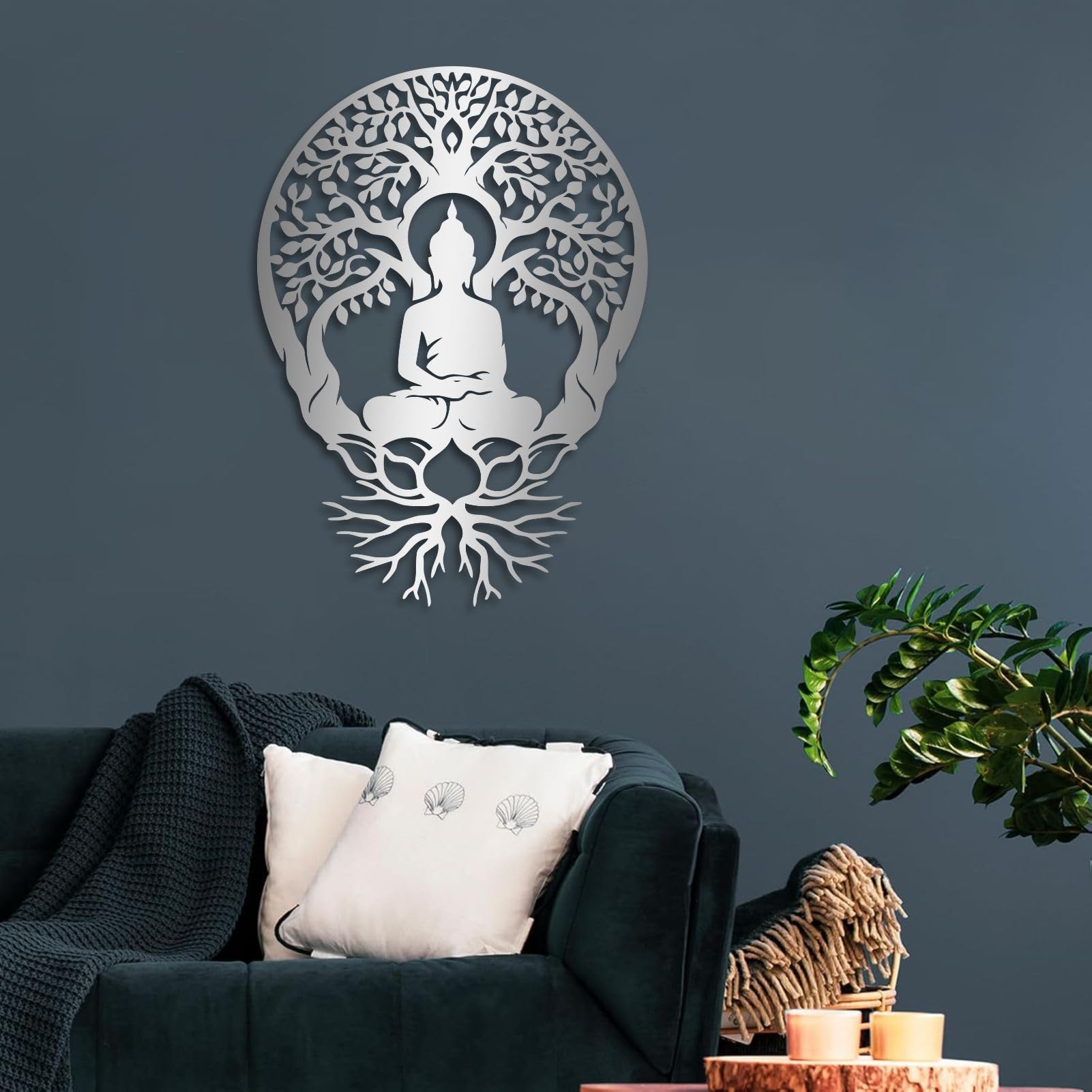 Árbol de la Vida, Arte de Metal 3D, decoración de Pared Grande con Buda, Arte de Buda, meditación para Sala de Estar, Dormitorio, Yoga, meditación al Aire Libre (Negro, 60 x 43 cm)