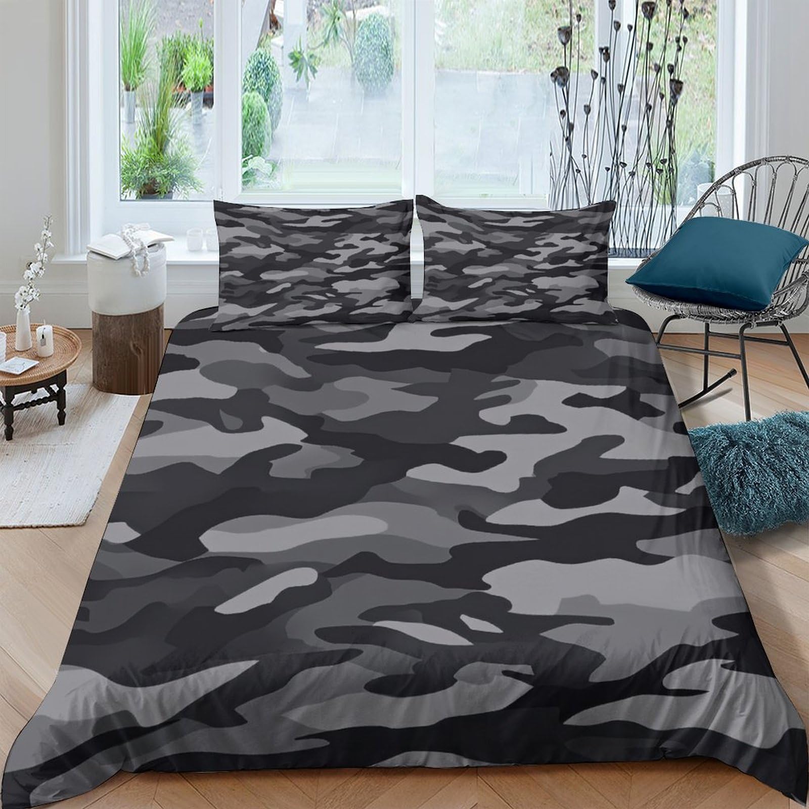 Ctjqhvkz Style-4 3D Printed Black Camouflage Fitted Sheet Microfiber Soft Breathable Grey Camo Bed Cover For Bedroom Dorm Decor Single（135X200cm）