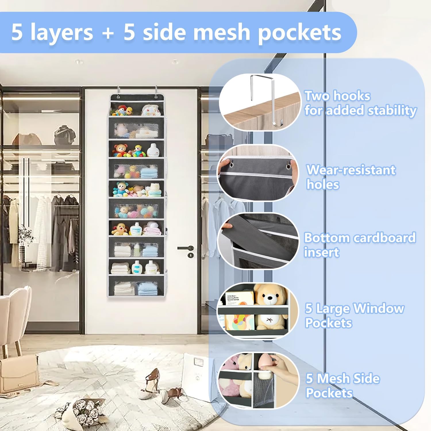 Over the Door Organizer with 5 Front Pockets and 5 Mesh Side Pockets,Extra Large Hanging Organizer for Over the Door Storage in Bedroom, Bathroom,Pantry, Nursery (Black) - Image 6