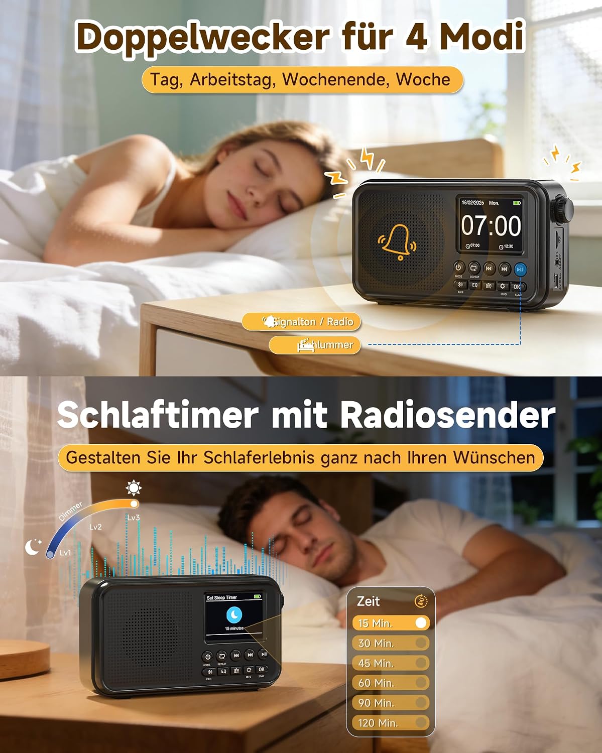 Roxicosly Portable DAB/DAB+ FM Digital Radio showing dual alarm clock and sleep timer functions.