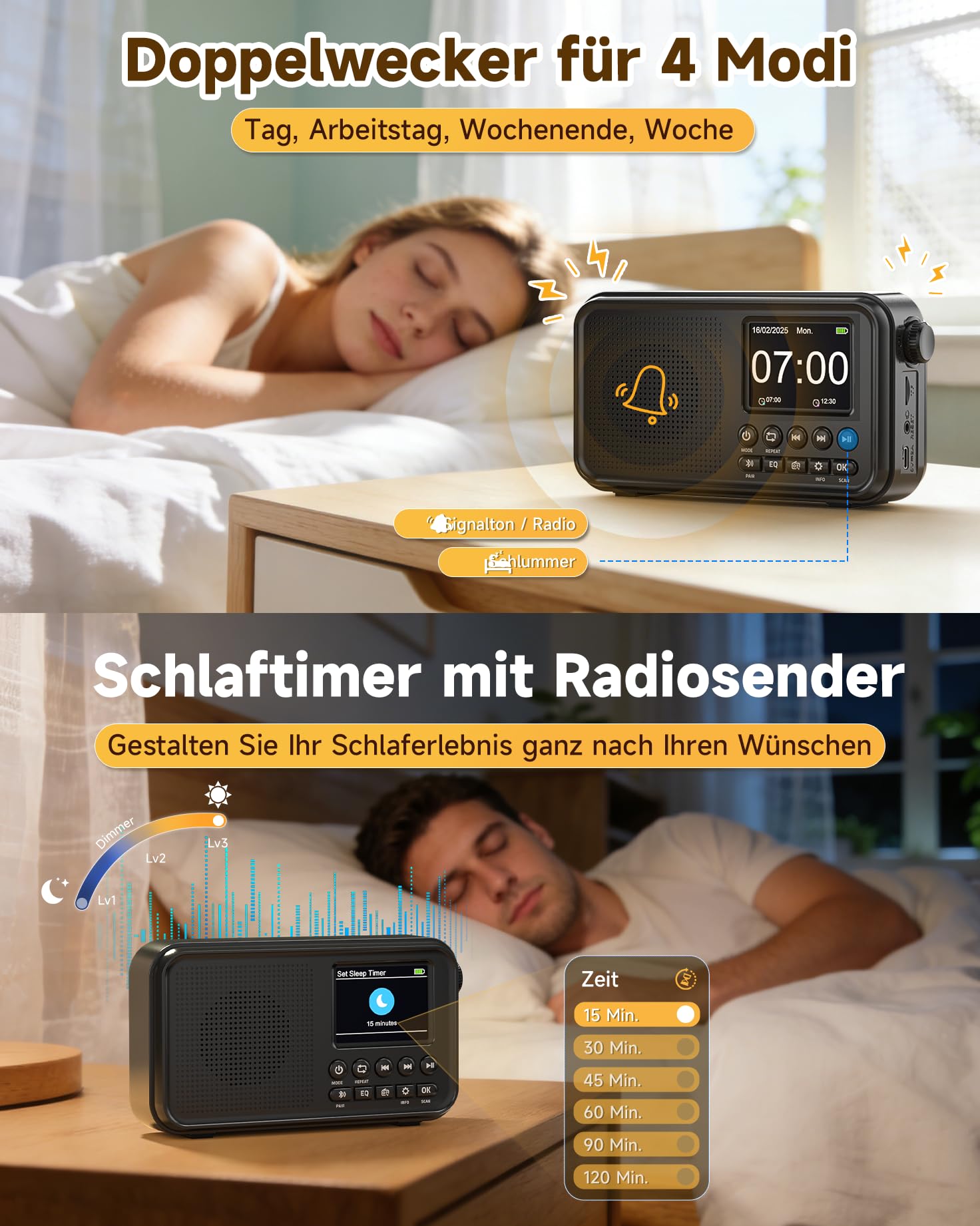 Roxicosly Tragbares DAB/DAB+ Radio, 80 Voreingestellte, UKW Digital Radio mit 3000-mAh Akku, Küchenradio mit Bluetooth 5.0, EQ-Modi, Sleep-Timer, Snooze, TF/3,5-mm AUX Anschluss, Doppelalarm