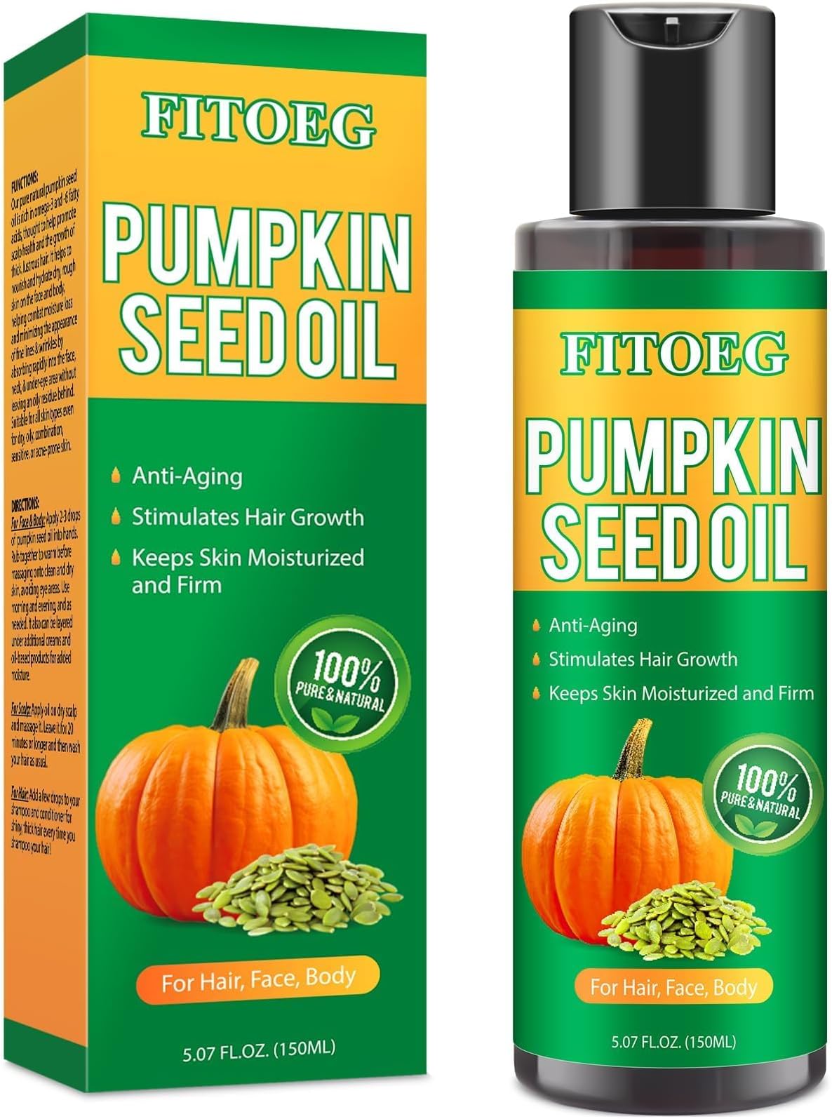 Organic Pumpkin Seed Oil - 5.07 Oz Large Bottle, 100% Pure Virgin Cold Pressed and Unrefined for Hair Growth, Anti-Aging for Face, Body and Scalp