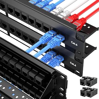 48 Port Patch Panel, Keystone Patch Panel 48 Port Loaded with RJ45 Couplers Plus 4 Spare, 10G Pass-Through, UTP 19-Inch 2U Ethernet Panel with Removable Back Bar for Cat5, Cat5e, Cat6 Cabling