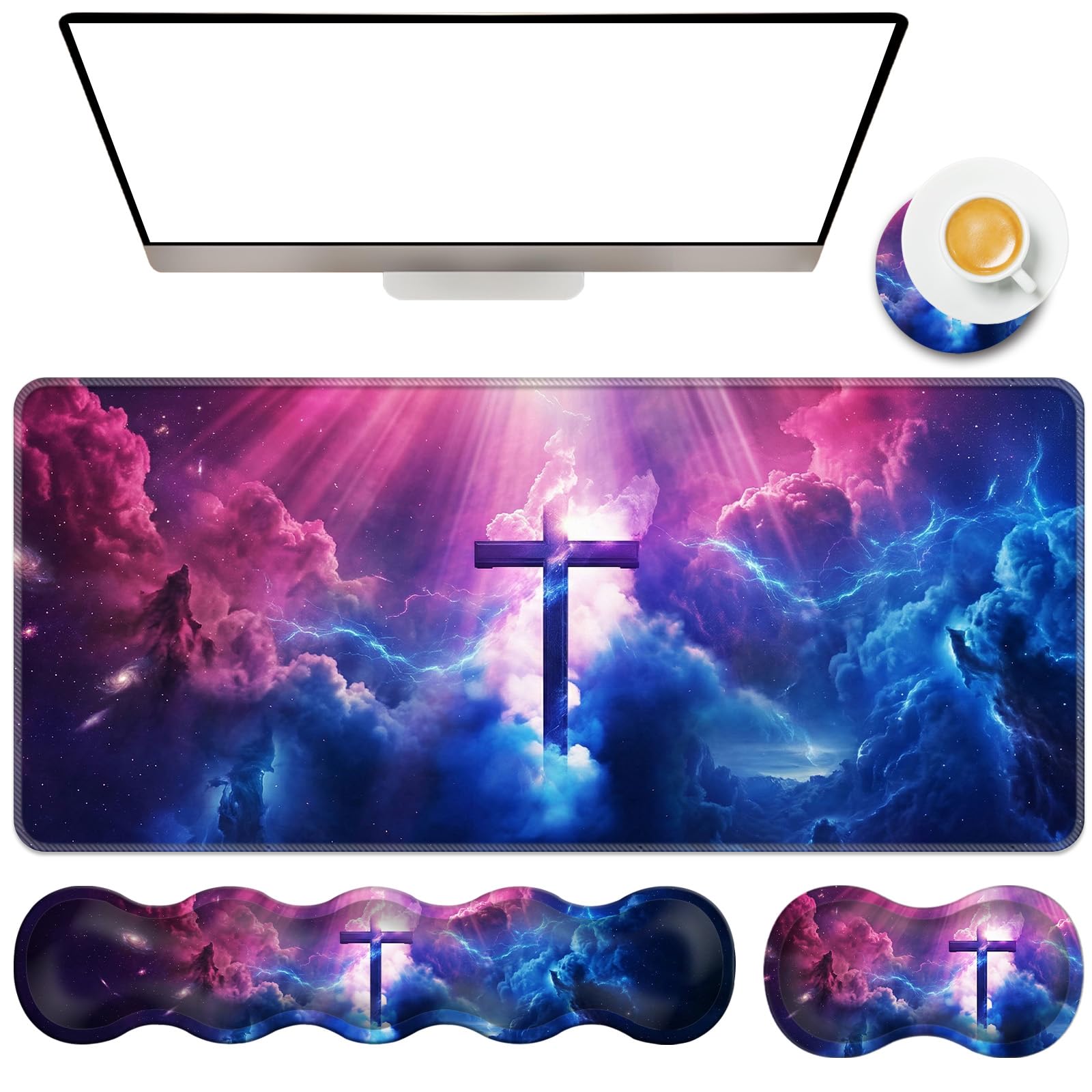 TGFEWYTJYJ - Tappetino per mouse da gioco esteso, in memory foam, ergonomico, con poggiapolsi, grande tappetino da scrivania con bordi cuciti, base antiscivolo, per casa e ufficio, motivo: croce