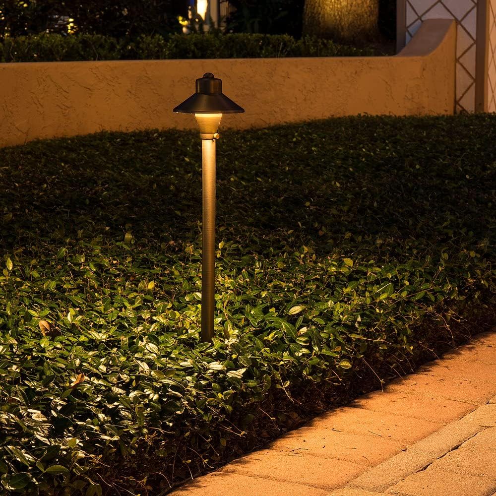 VOLT Flat Hat 12V Brass Path Light (5" Shade, 25" Tall) with 3W 2700K Warm White G4 LED Bulb for Low Voltage Landscape Lighting on Outdoor Pathway, Walkway, Garden, Driveway or Patio
