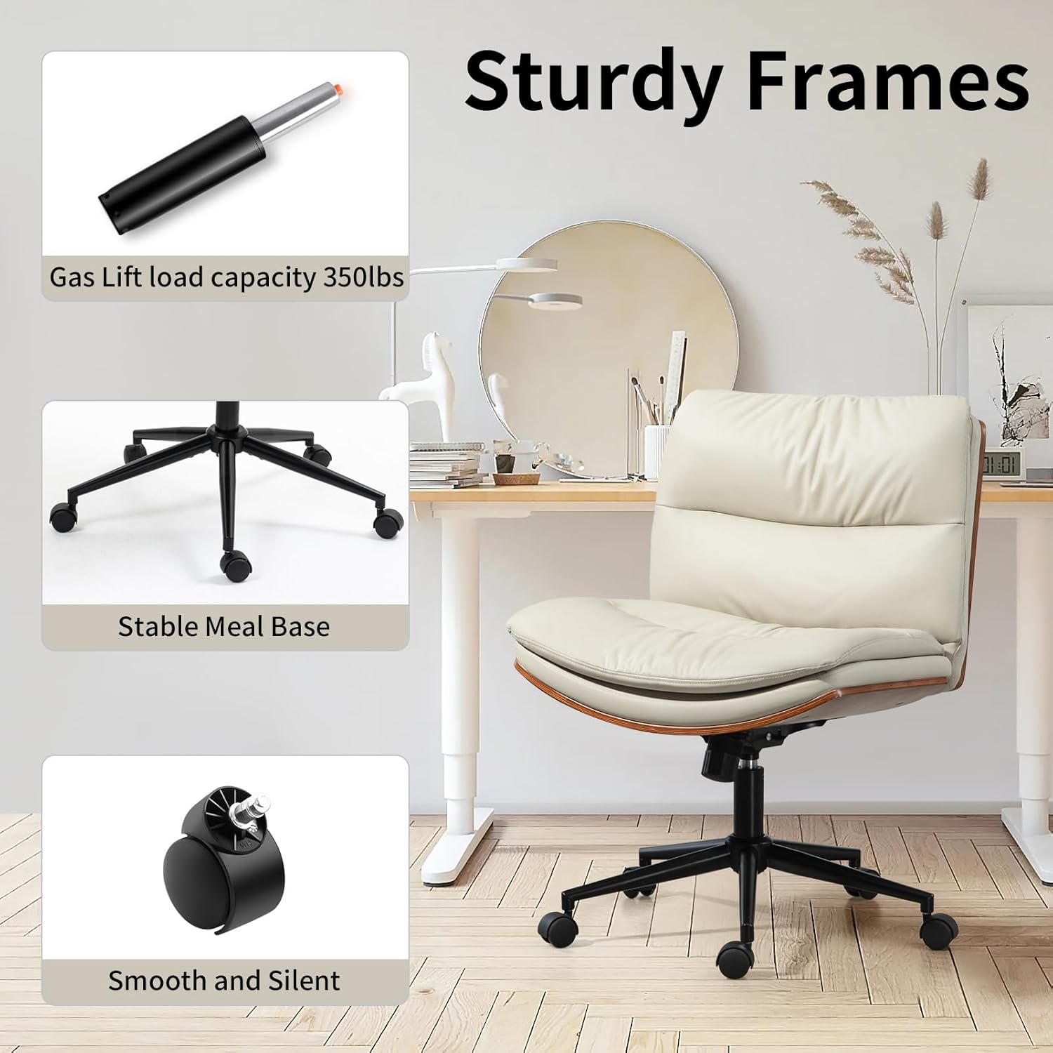 Armless Modern Walnut Office Desk Chair with Wheels, PU Leather Adjustable Wide Swivel Executive Task Chair, Ergonomic Cross Legged Computer Chair for Conference Room, Home Office, Beige