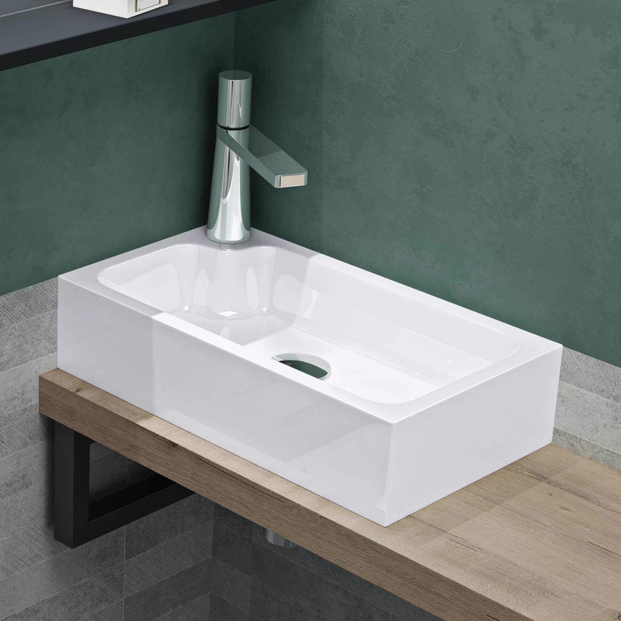 Mai & Mai Lavabo sobre Encimera 46x26x11 cm – Rectangular, Blanco Brillante, Mármol Fundido, Orificio Izquierdo para Grifo, sin Rebosadero, Colossum101