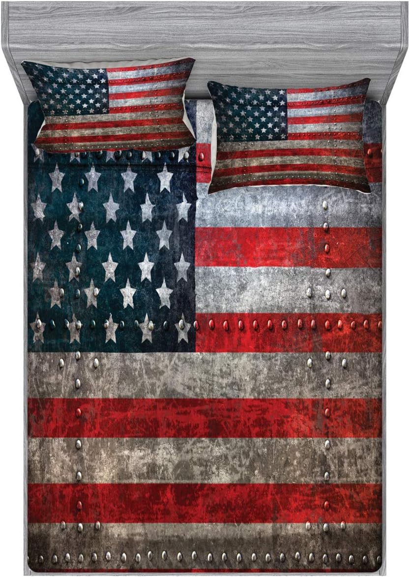 Ambesonne American Flag Fitted Sheet & Pillow Sham Set, Royalty Flag Textured US Backdrop on Damaged Board Plate Design Artwork Print, Decorative Printed 3 Piece Bedding Decor Set, Queen, Ruby