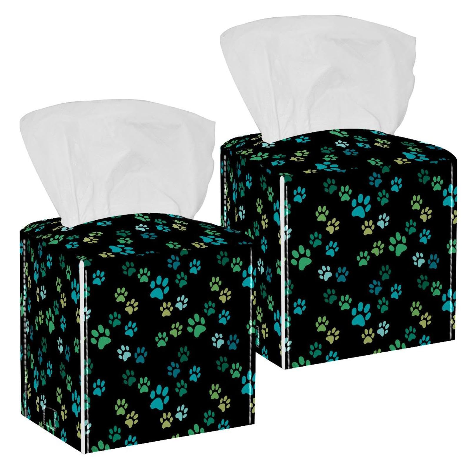 Paws Tissue Box Cover, 2 Pack PU Leather Square Facial Tissue Dispenser Box holder for Home Office Car