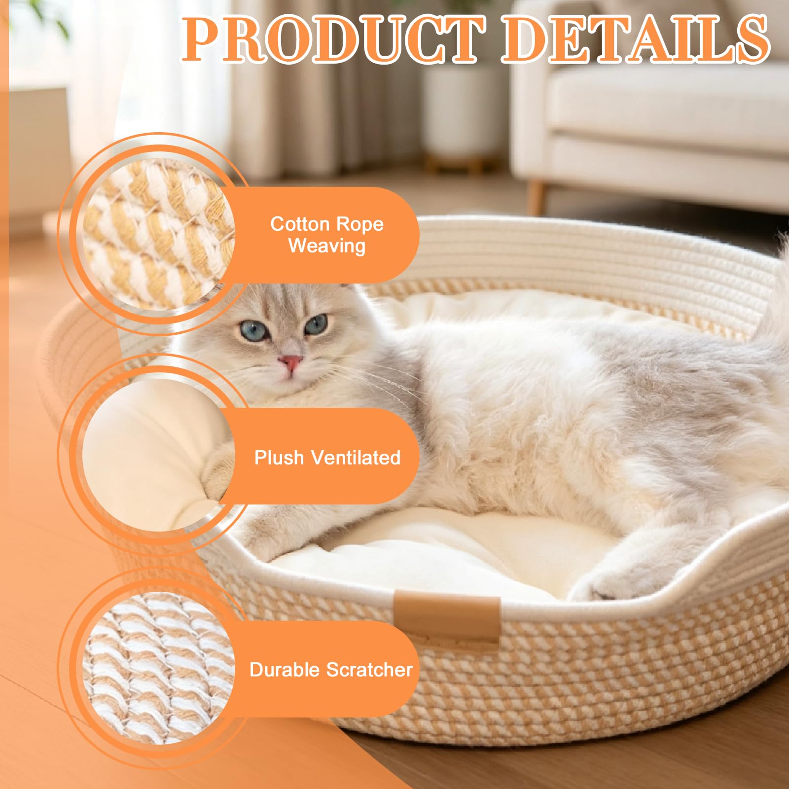 Nid pour Chat, Panier Tressé pour Chat, Cotton Corde Panier, Lit Douillet De Qualité Supérieure, Respirant Lavable pour Tous Les, Toutes Saisons, Universel, 50 * 15cm, Gris Et Kaki