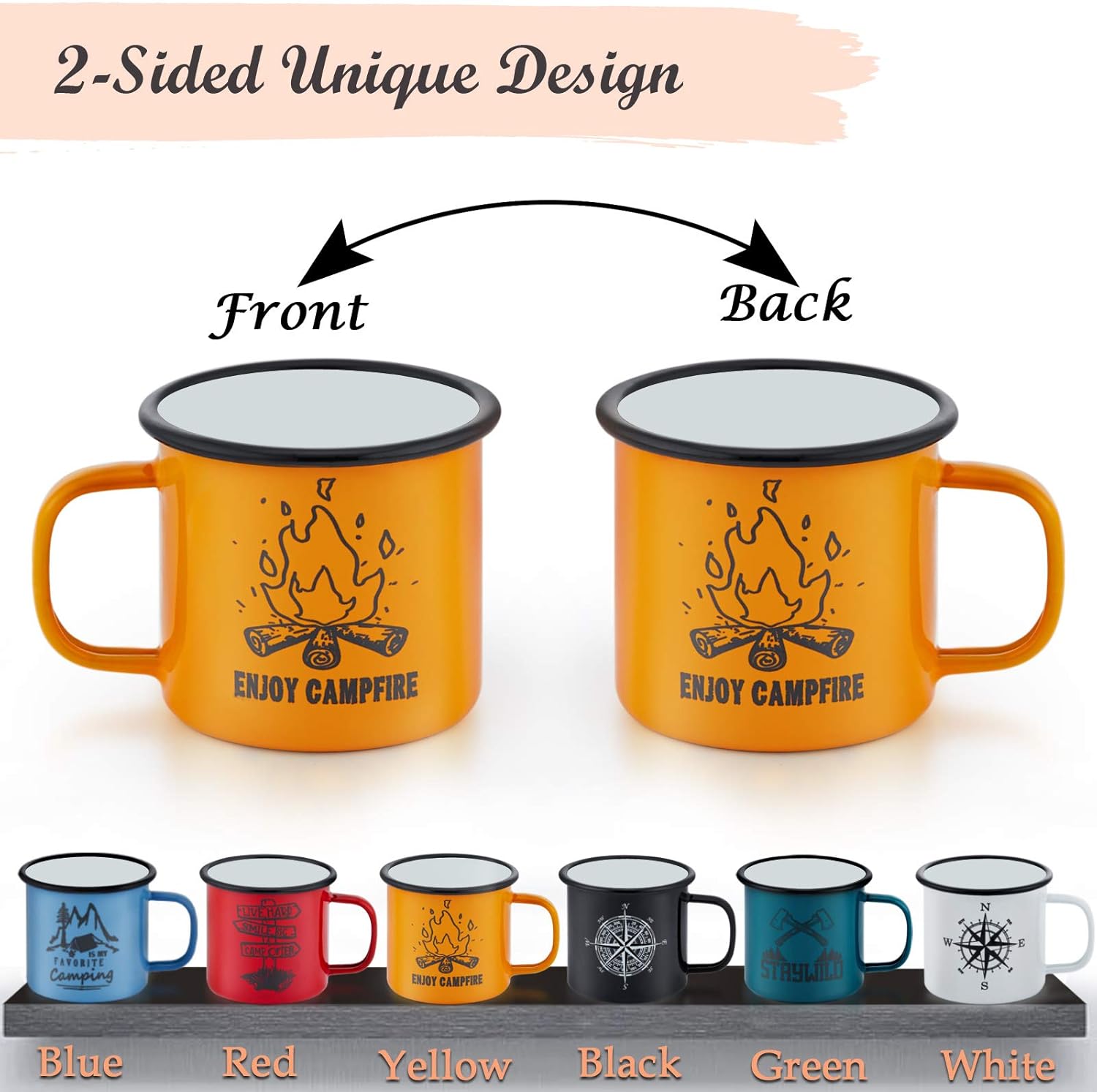 E-far Enamel Camping Mug Set of 6, 16 Ounce Metal Enamel Coffee Tea Cups for Outdoor Camping Hiking Backpacking Kids, 2-Sided Unique Graphic Design & Large Size - Colourful - Image 4