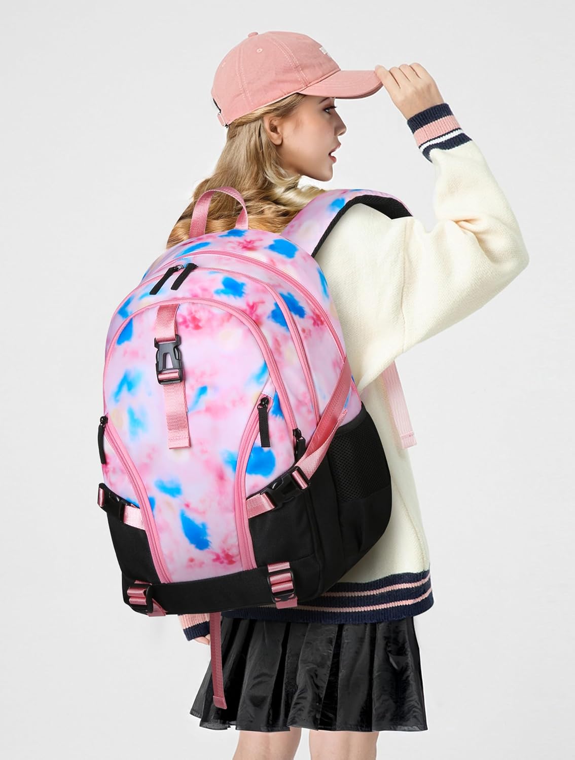 BLUEFAIRY High School Backpack for Girls Boys Middle School Bookbag for Kids Back to School Bag for College with Large Compartment Casual Daypack Mochilas para Niñas Adolescentes 18" Tie Dye Pink image 2
