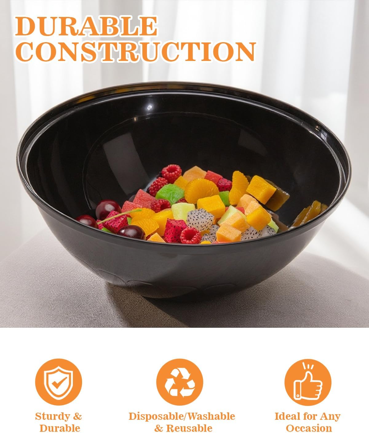 BESTVIP 150oz 4 Pack Black Plastic Serving Bowls for Party, Disposable 11.6" Large Salads Container for Snacks, Chips, Meal Prep, Stackable Candy Dishes for Christmas, Holiday, Reusable - Image 4