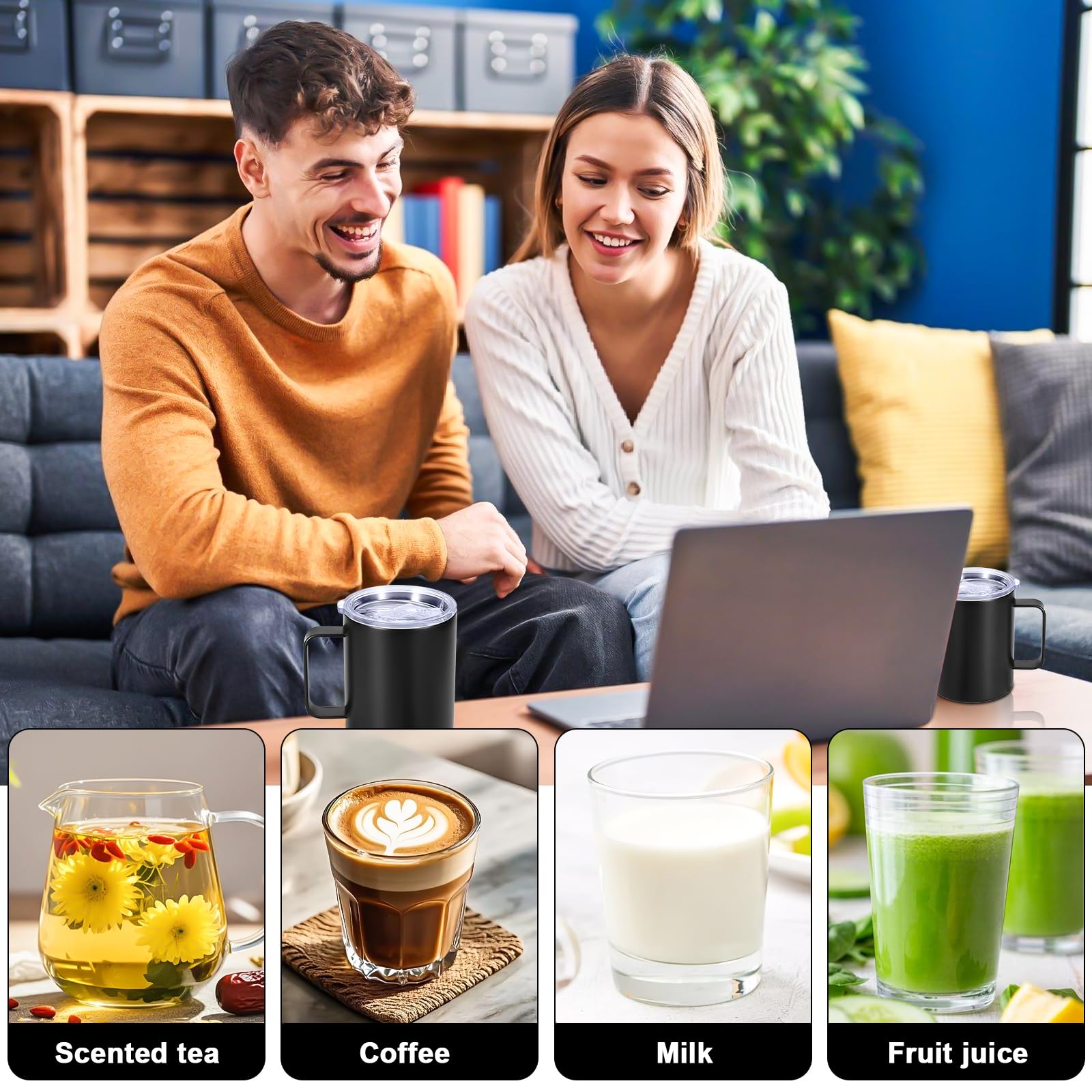 Set di 2 tazze termiche in acciaio inox, 350 ml: tazze da caffè isolate a doppia parete con manico, senza BPA, infrangibili, per campeggio, attività all'aperto, ufficio e viaggi (nero)