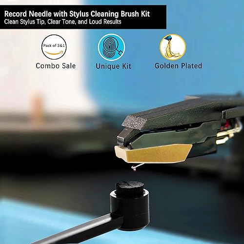 Miniatura 2 de Paquete de 3 agujas de repuesto para tocadiscos de diamante, agujas de disco de vinilo con lápiz capacitivo de limpieza para Victrola Crosley ION