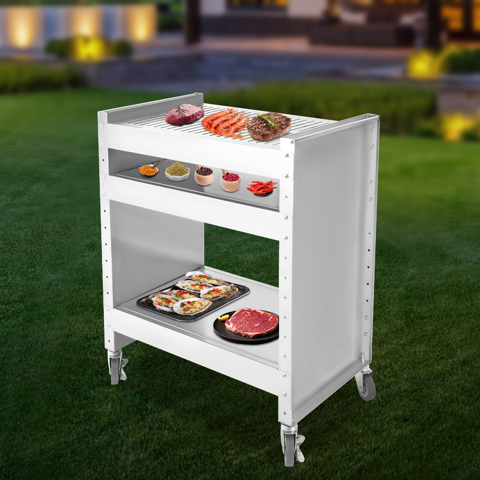 Wózek grillowy, 3-piętrowy stół do grillowania ze stali nierdzewnej z 4 kółkami, nośność 30 kg, regulowane półki, na spotkania rodzinne, wieczory przy grillu w ogrodzie, 59 x 40,5 x 82 cm