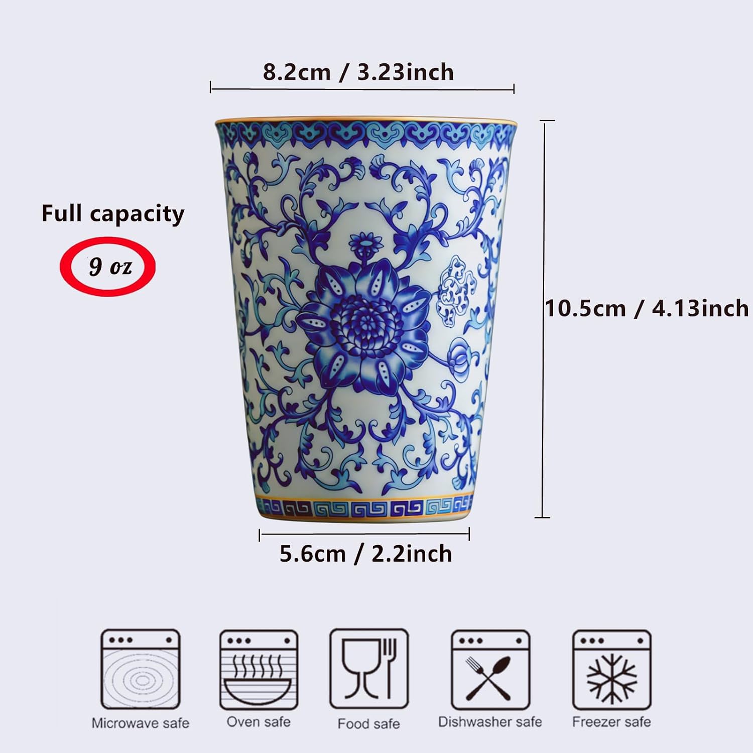 Blue and White Porcelain Handleless Coffee Mugs, 9 oz, Set of 2