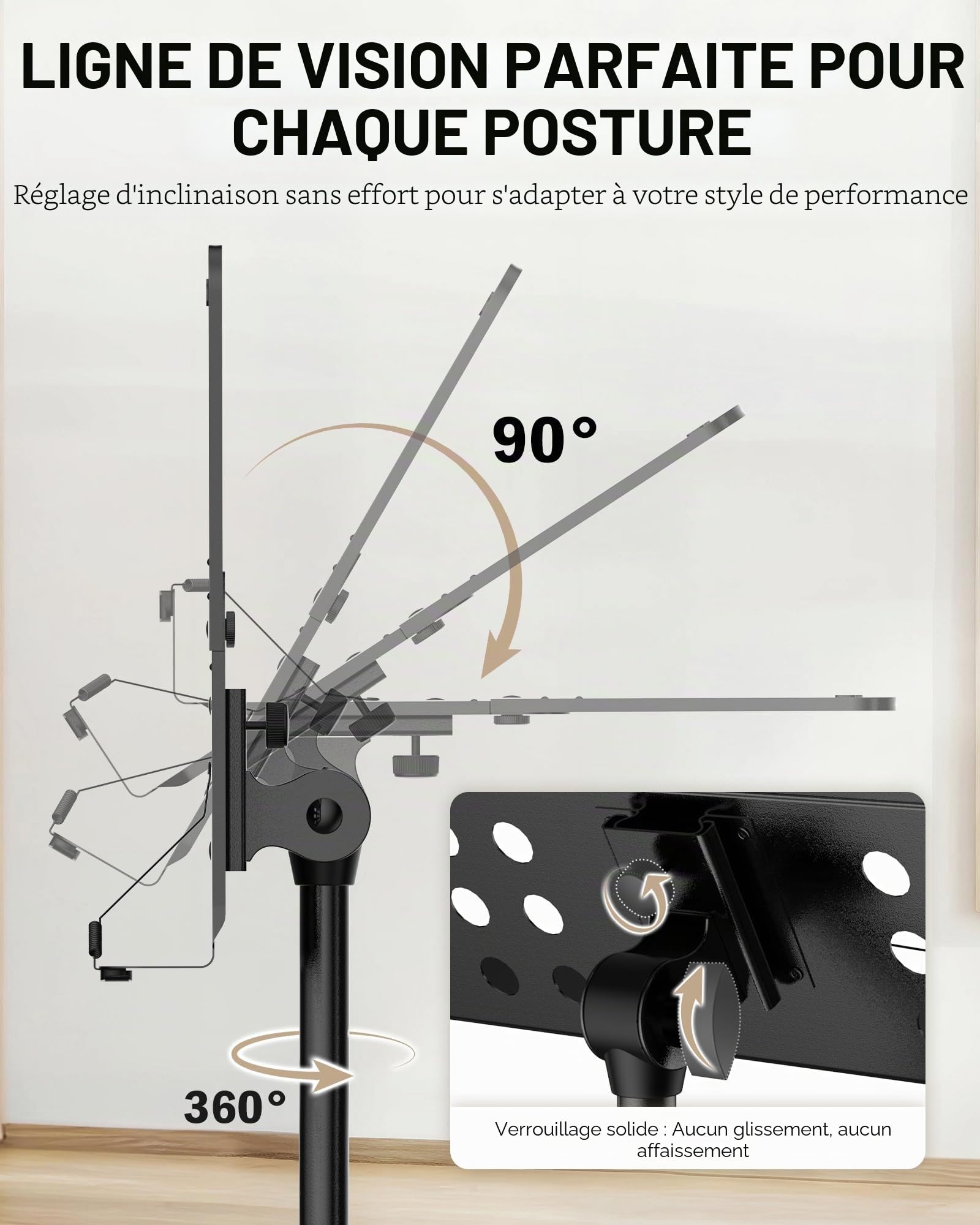 Vekkia Support de partitions perforé, portable, pliable, réglable, super stable, adapté pour les spectacles d'instruments, les bandes et les voyages