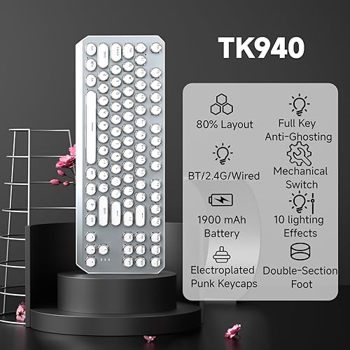 Miniatura 2 de EWEADN TK940 - Teclado mecánico inalámbrico de máquina de escribir blanco, 87 teclas, interruptores azules trimodo, teclados retroiluminados