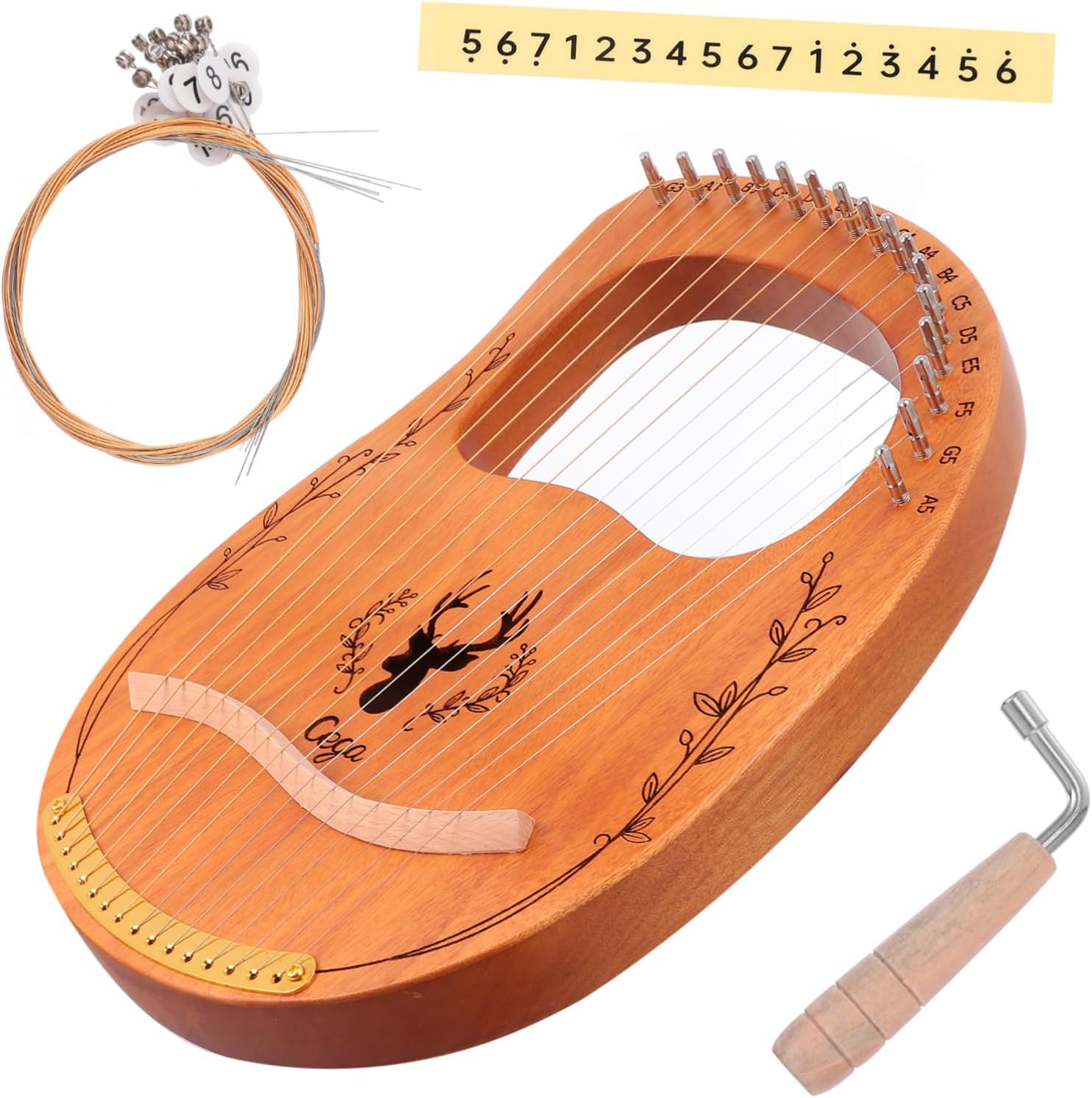 Abaodam 1set String Solid Lyre Harp Portable Ancient Style Musical Instrument for Beginners for Boys and Girls and Adults Includes Tuning Wrench and Manual
