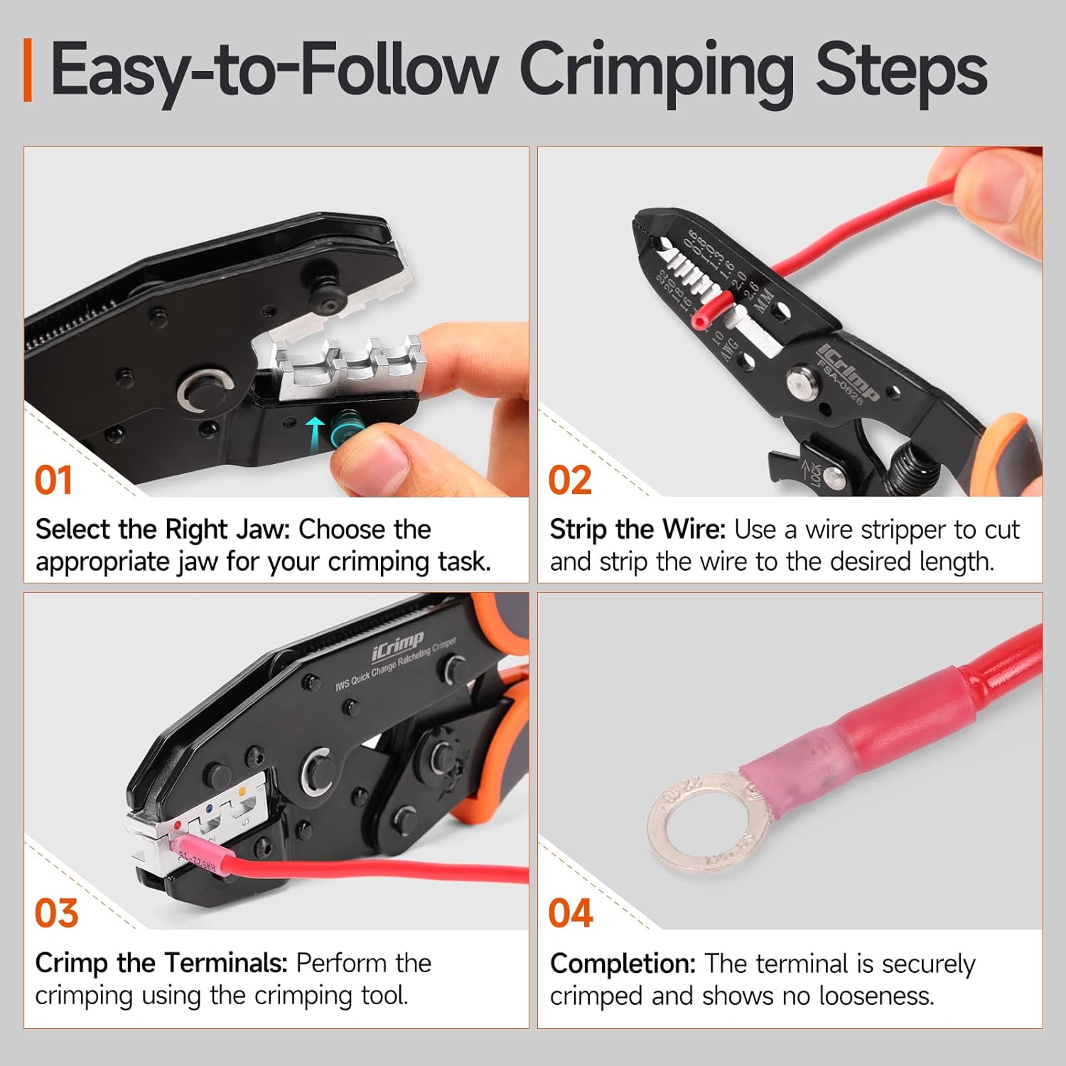 iCrimp 8-Piece Ratcheting Crimping Tool Set with PM Powder-Metallurgy Quick-Exchange Jaws, Crimps Heat-Shrink, Open-Barrel, Insulated & Non-Insulated Ferrules AWG 20-2