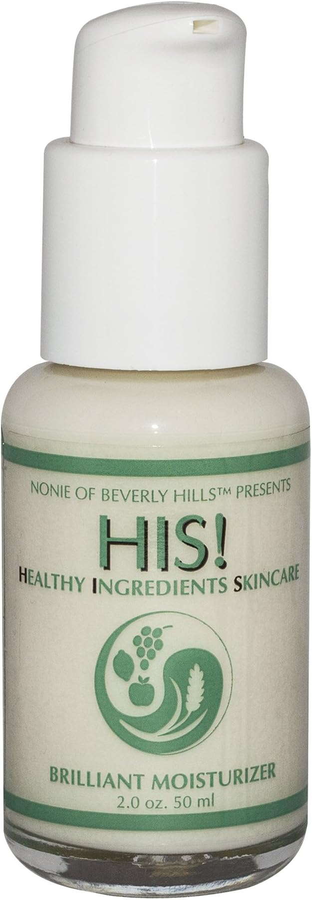 Nonie HIS All Natural Brilliant Moisturizer With 5% Alpha Hydroxy Acids from extracts of Bilberry, Sugar Cane, Maple Cane, Orange & Lemon Oils; Coconut Oil, Almond Oil, Wheat Germ Oil, Citrus Mix of Lemon, Grapefruit, Orange, Bergamot & Neroli Oils, Coconut Emulsifier, Grapefruit Seed Extract & Organic Apple Cider Vinegar.