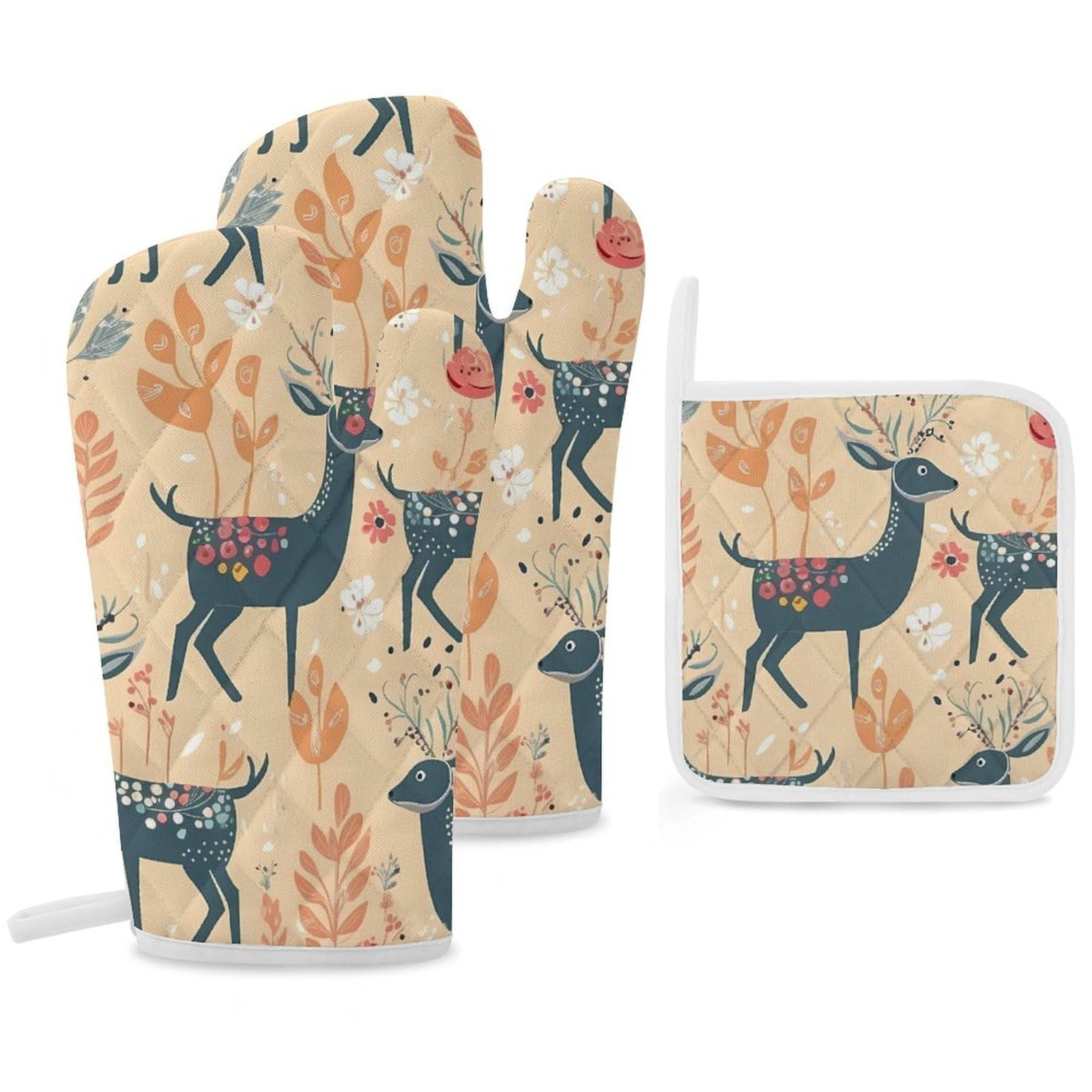 Oven Mitts and Pot Holders Set of 3 Heat Resistant Non-Slip Kitchen Gloves Hot Pads Deer Pattern Mittens Gloves Non-Slip Potholders for Cooking Baking Grilling BBQ
