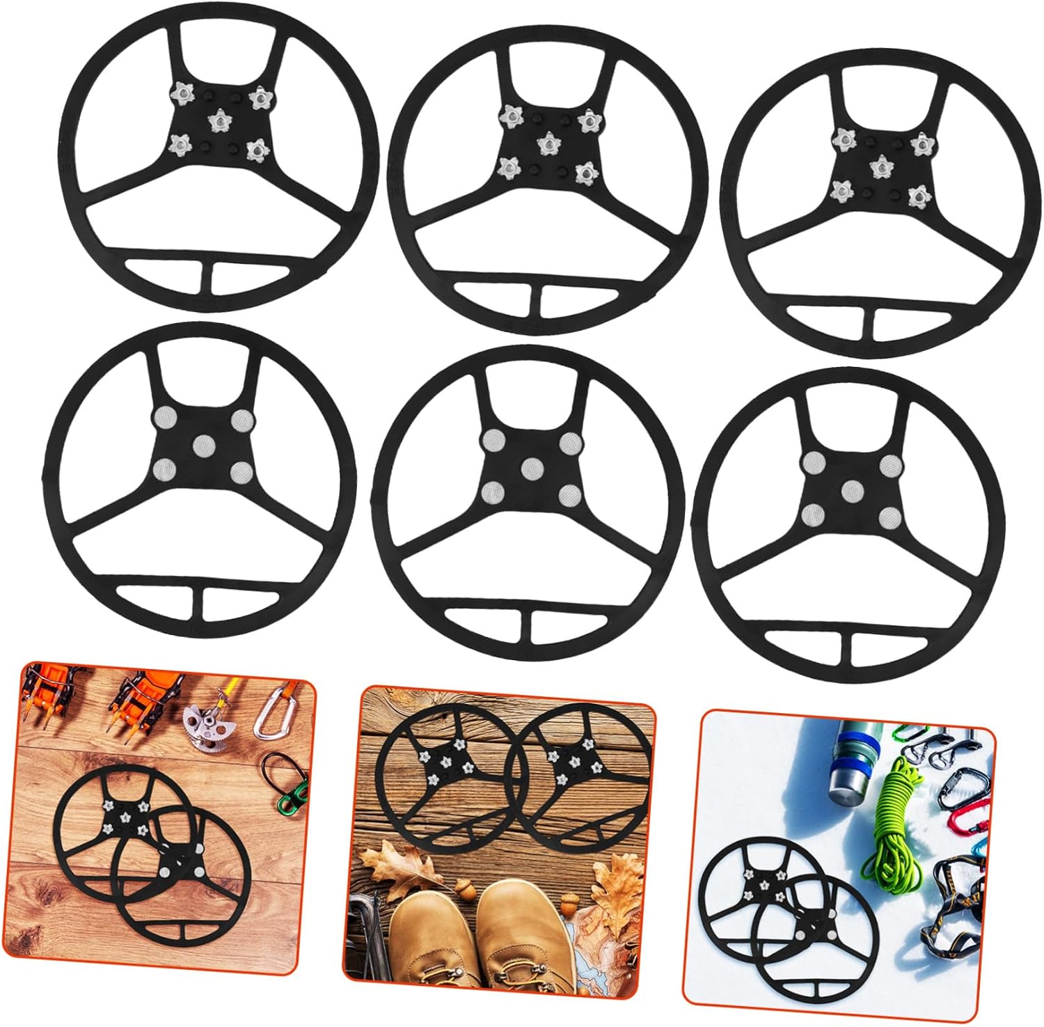 Lurrose 6pcs Outdoor Ice Cleats for Shoes and Boots, 5-Spike Snow Safety Crampons, Black Anti-Slip Shoe Grippers for Hiking, Climbing, and Cold Weather Walking