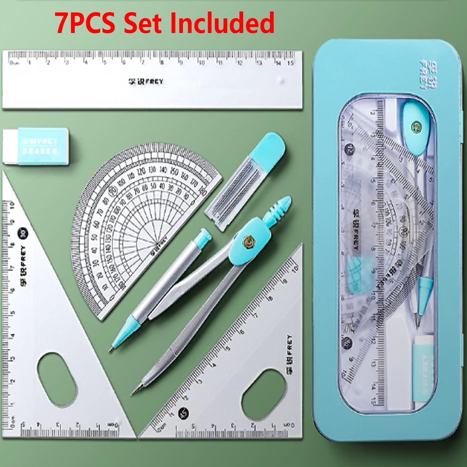 Compas Escolar, Kit de Aprendizaje Completo,7 Piezas Set de Geometría,Juego de Compás Con Ecuadra, Regla, Borrador y Recambios Caja de Kit de Transportador para útiles Escolares y Escolares.