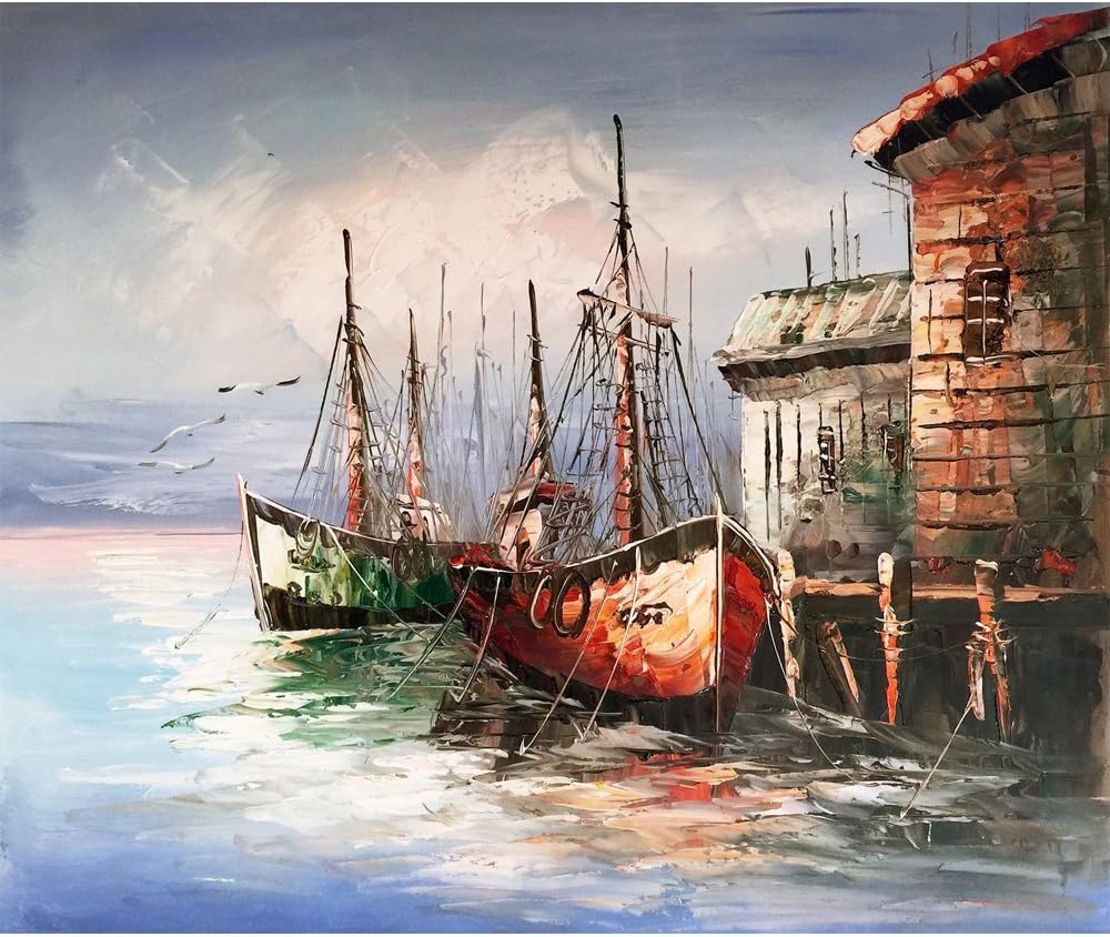 Yqm Art - Original Oil Painting Painted by Hand Abstract Oil painting Sea view Boat 100% Hand-Painted On Canvas Abstract Artwork (24x20 Inch)