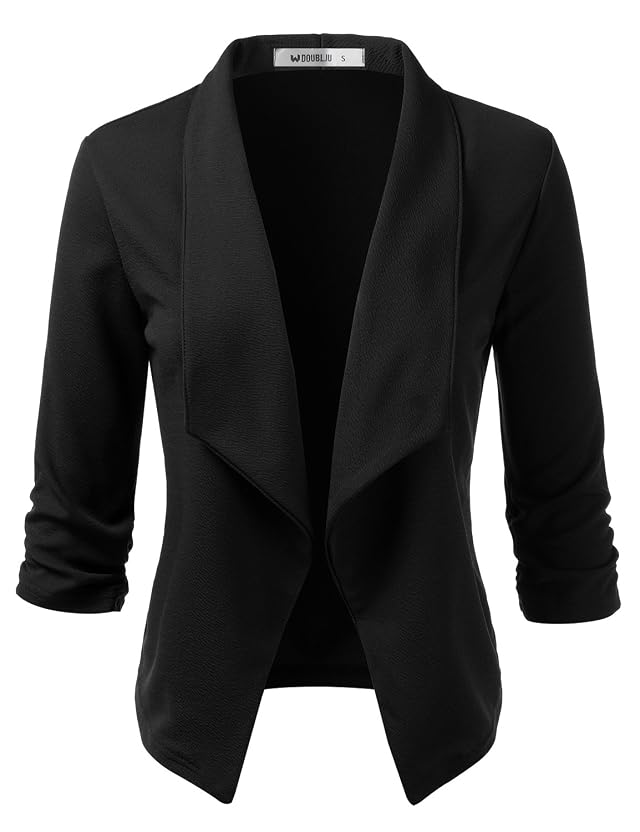 DOUBLJU Ruched 3 4 Sleeve Open Front Draped Blazers Business Casual Basic Work Jackets for Womens Clothes with
