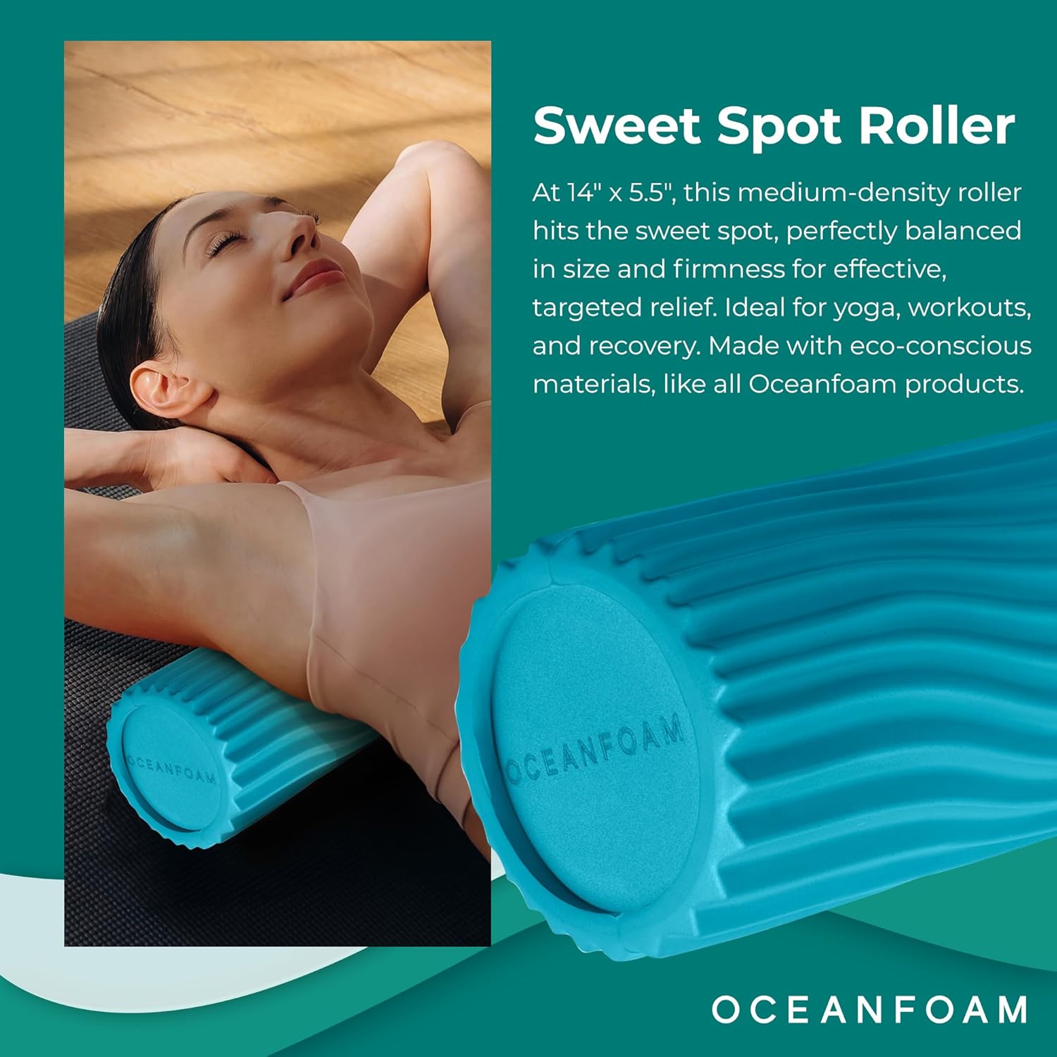Oceanfoam Sweet Spot Medium Exercise Foam Roller 14"x5.5" – Medium Density Travel Foam Roller for Physical Therapy, Deep Tissue Massage, Yoga, Pilates, Classic Exclusive Wave Texture (Miami Blue) - Image 3