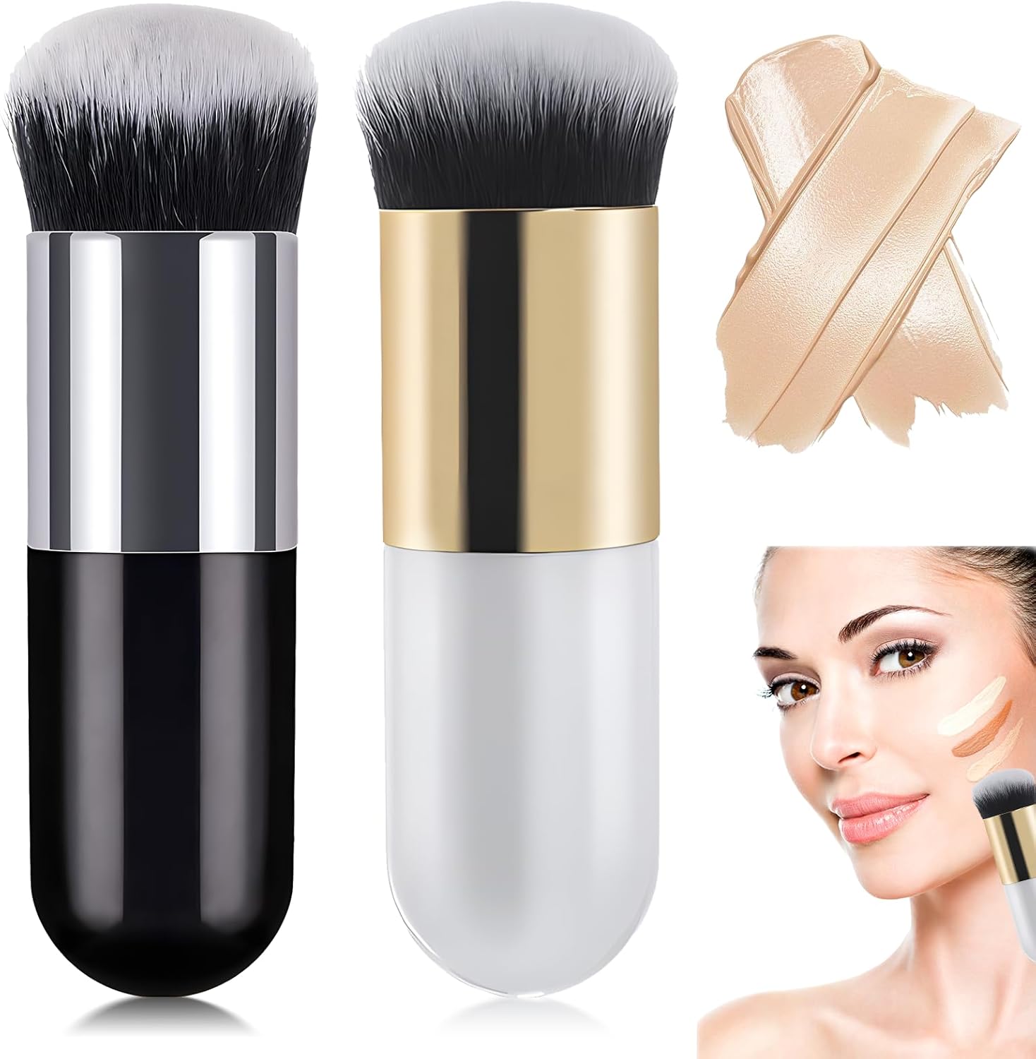 2 stuks make-upkwasten, zachte foundationkwast, gezichtspoeder, kwast, BB crème, kwastenset, make-up, foundationkwast, super cadeau-idee (witgoud en zwart-zilver)