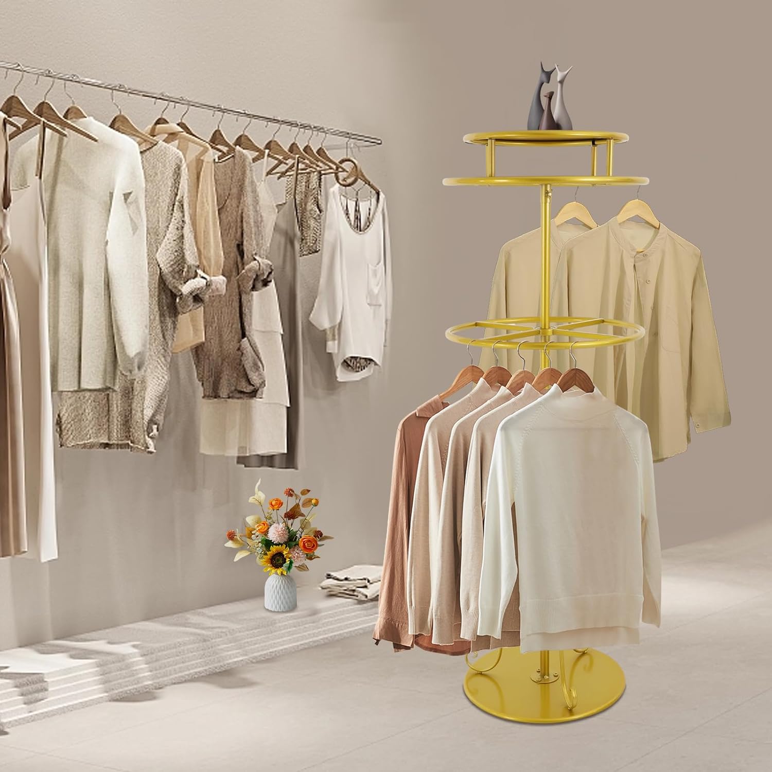 360° Rotatable Round Garment Rack, 2-Tier Rotating Clothes Rack with Adjustable Height & Top Platform, 55in Heavy Duty Metal Display Stand for Store Commercial Home Use