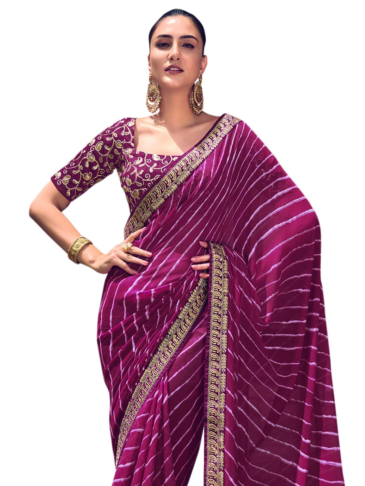Satrani Women's Leheriya Printed & Lace Georgette Saree With Unstitched Blouse Piece(2555S285N_Purple)