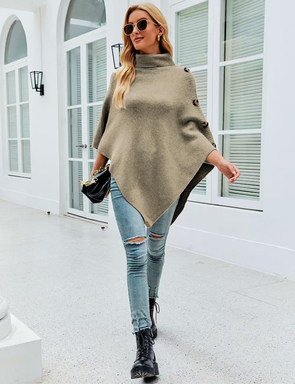 Ferand Women's Turtleneck Button Detail Poncho High Neck Asymmetrical Pullover Sweater for Fall Winter Outfits - Image 5