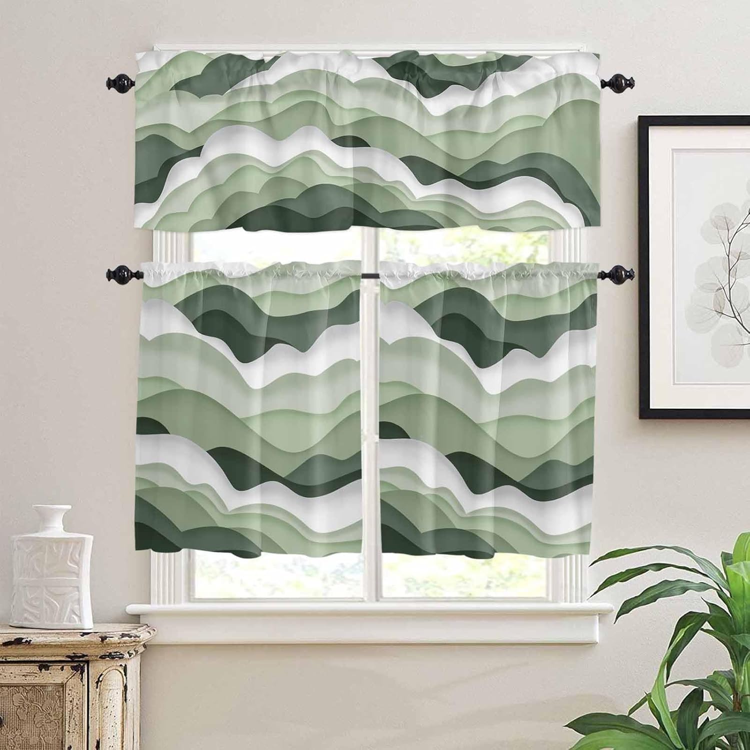 Sage Green Curtain Tier Valance Set, Abstract Geometric Modern Aesthetic Short Rod Pocket Light Filtering Window Treatment Small Curtain, Drapes Decor for Kitchen Living Bedroom 54"x24", 3 Panel
