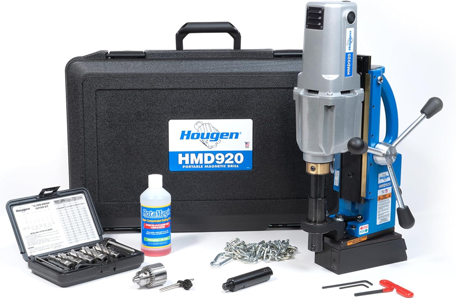 Hougen HMD920 115-Volt Swivel Base Magnetic Drill 3 Speed/Coolant Bottle Plus 1/2" Drill Chuck Adapter Plus 12002 Rotabroach Cutter Kit Replacement of The HMD917