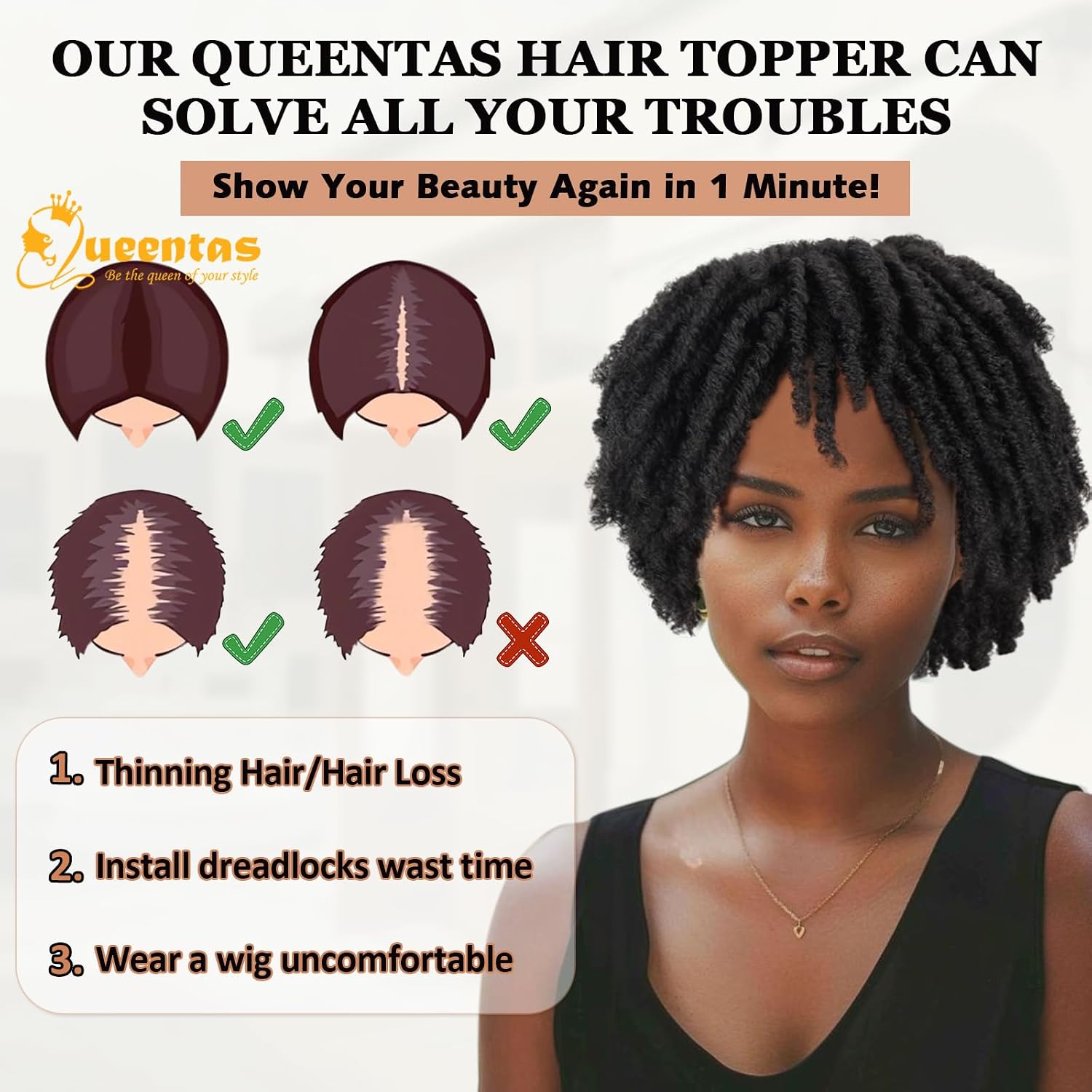QUEENTAS Curly Toupee for Women and Men 10" Dreadlock Hair Pieces 360°3D Large Cover Knotless Afro Braided Synthetic Hair Topper with 3 Clips(Black 1B)
