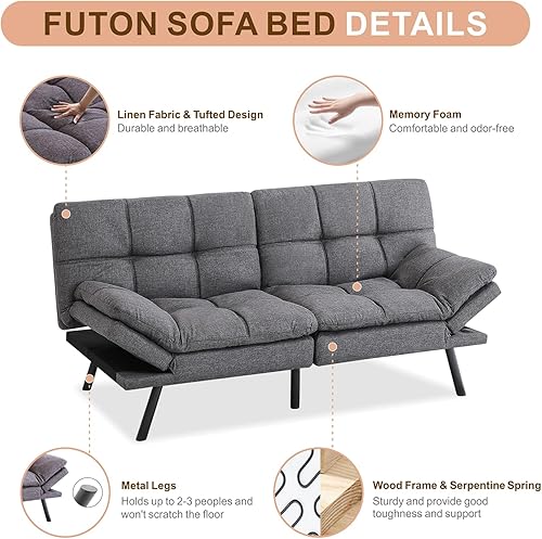 Miniatura 6 de Opoiar Sofá cama de espuma viscoelástica convertible moderno con reposabrazos ajustables y patas de metal, juegos de futones multifuncionales, sofá
