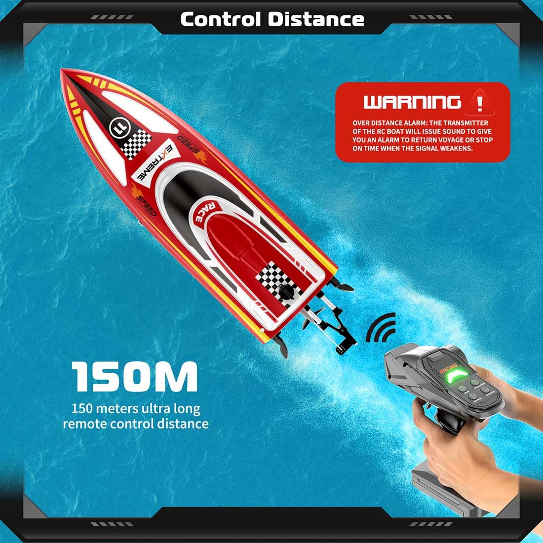 Łódź zdalnie sterowana, wodoodporna łódź motorowa RC z oświetleniem LED, 30 minut gry, 30 km/h, łódź wyścigowa RC do basenów i jezior (wersja RTR/czerwona)