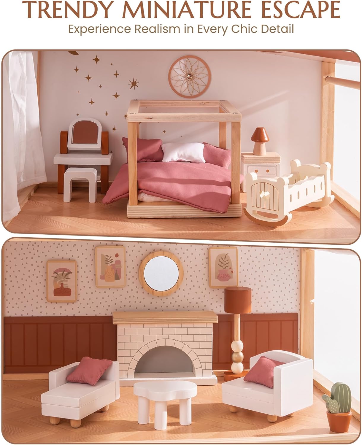ROBUD Doll House - Wooden Bohemian Dollhouse with Realistic Design, Includes 37 Pieces of Furniture & Accessories for Kids Ages 3+