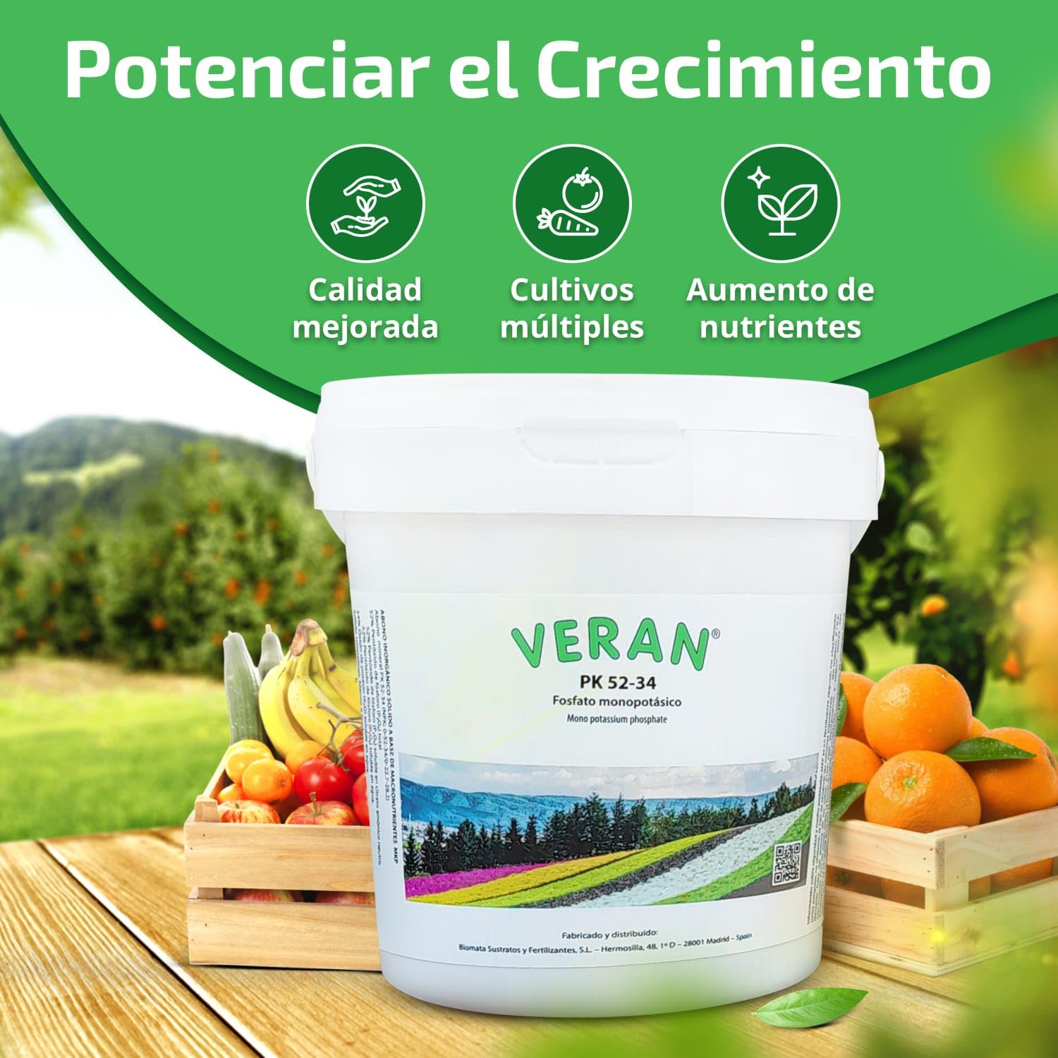 VERAN | Fertilizante Plantas de Flor, Citricos y Huerto PK52-34 | 1KG | Estimula el Crecimiento y el Florecimiento | Hidrosoluble Cristalino Monopotasico + Fosforo | Abono de Fosforo y Potasio