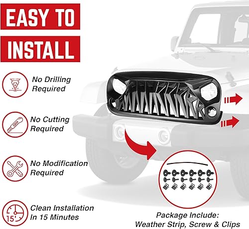 Miniatura 4 de American Modified Aggressive Front Shark Grille compatible con Jeep Wrangler 2007 a 2018, JKJKU, Rubicon y modelos deportivos Sahara, negro mate