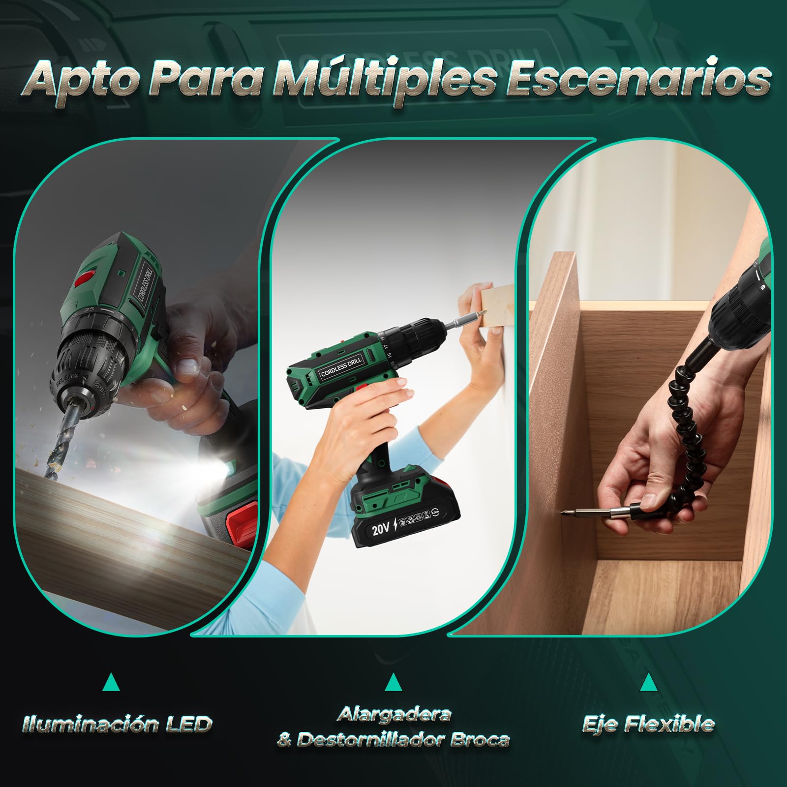 Taladro Atornillador Batería 20V, Taladro Bateria par Máximo 42Nm, Taladro Inalámbrico 2 Velocidades, Apto para Baterías Makita, 25+1 Niveles de Par, Batería 2000mAh, Portabrocas 10mm, Luces LED Verde
